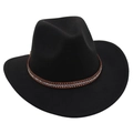 Detailed close-up of a black wool fedora with a brown studded leather hatband and rhinestones - One Size / Black