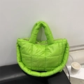 Quilted lime green puffer cloud tote bag with puffy handles and large square stitching - Green