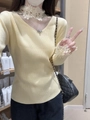 Slim fit light yellow long sleeve knit sweater with white lace trim for women - One Size / Yellow