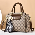 Classic checkered brown tote bag with decorative leopard scarf and top handle - Khaki Print with Khaki