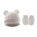Detail of infant beanie with round ears and matching anti-scratch mittens in soft grey - Hat And Gloves / Milk Tea