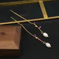 Elegant gold plated threader earrings with colorful beads and white freshwater pearls - Multicolor Pearl Ear Thread