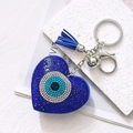 Blue heart evil eye keychain with sparkling rhinestones and matching leather tassel - Dark Blue Heart Silver Clasp