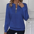 Women's blue cable knit half-zip sweatshirt with long sleeves and cozy mock neck design - S / Blue
