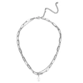 Double-layer silver stainless steel necklace with Baroque pearl pendant and rectangle links - Silver