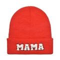 Solid red knit beanie featuring a white textured MAMA letter patch for women outdoor warmth - Adult Style(MAMA) / Bright Red