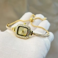 Women's gold square quartz watch with crystal accents and adjustable bracelet strap - Gold