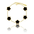Elegant gold-plated stainless steel bracelet featuring five black clover floral pendants - Gold Black