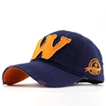 Marineblauwe katoenen baseballpet met oranje W-borduurwerk en vintage distressed details - Verstelbaar / Marineblauw