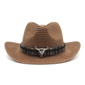 Detail of brown straw cowboy hat with ethnic woven band and silver bull head ornament - M(56-58cm) / Coffee