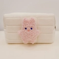 Quilted cream fleece cosmetic bag with cute pink plush cartoon animal decoration - White (Pink Rabbit)