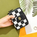 Short fold bifold wallet with black and white checkerboard canvas and golden ring clasp - Black and White Plaid