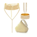 Set gioielli sposa dorati con catena per il corpo in strass, orecchini, bracciale e pochette - Set Borsa da Sera Stile Dumpling / Oro