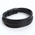 Pulsera multicapa de cuero negro hecha a mano con textura trenzada y cierre magnético - Longitud 21cm / Negro