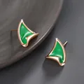 Irregular curved gold earrings with emerald green glaze inlay on a stone plate - Gold & Green Color Block Curved (No. 94) / Gold