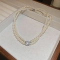 Double-layer pearl necklace with a square gemstone pendant in a silver finish - 10 Necklace-White-Blue