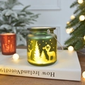 Green frosted glass Christmas candle holder with reindeer silhouettes and metal handle - Green Tree & Deer With Handle / Medium (8*9cm) / Green