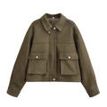 Chaqueta bomber de ante verde oliva con bolsillos grandes de solapa y cuello clásico - XS / Verde Militar
