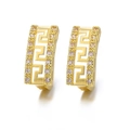 Gold-plated hoop earrings with Greek key pattern and pink zircon stones - 4-Gold Greek Key Pink Zirconia Huggie / Gold