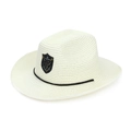 Detailed view of white straw cowboy hat with black braided rope and bull head metal crest - One Size / White