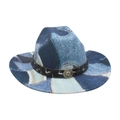 Cappello fedora in feltro stile denim con fibbia a testa di leone e greca argento - Taglia unica / Azzurro (M Denim Testa di Leone)