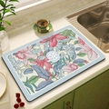 Absorbent kitchen drying mat with vintage floral pattern and blue border for countertop - MSHH-9/Pink Blue Intertwined