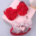 Detail of red floral baby shoes and cherry print bow headband set in a gift box - Style 7 (Red Flower/Cherry Print)