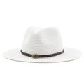 Detailed view of white woven straw fedora featuring a brown band and metallic bull buckle - 56-58cm / White