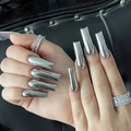 Uñas postizas de espejo plateado metálico forma larga cuadrada con anillos de pedrería - Plata Brillante Espejo - Coffin Largo - Estilo Pegamento (SGCY-458)