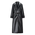 Lange dames trenchcoat van zwart kunstleer met ceintuur en epauletten op witte basis - S / Zwart