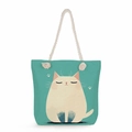 Sac fourre-tout en toile à motif chat blanc avec anses en corde sur fond bleu sarcelle - Chat Blanc Bleu Lac (msk1213)