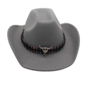 Classic grey felt cowboy hat featuring a tribal braided band and silver bull skull charm - One Size / Gray