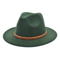Detailed view of dark green wool fedora hat with a stylish brown leather braided band - M (56-58cm) / Dark Green