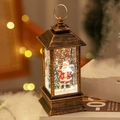 Retro bronze Christmas lantern featuring Santa Claus and swirling snow glitter - Santa Claus & Tree