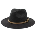 Classic black straw fedora hat for women and men with decorative brown buckled belt - M(56-58cm) / Black