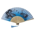 Blue gradient bamboo hand fan featuring ink lotus and dragonfly with silk tassel - White Ribs Style 88