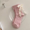 Pink knit mid-calf socks with cable pattern and cream chiffon bow detail for women - One Size / Pink
