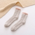 Thick beige coral fleece winter socks with pink cuffs for warm home sleeping wear - Camel