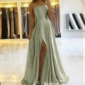 Sage green satin evening gown with spaghetti straps and a high side slit design - S (US 2) / Green
