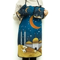 Blue and gold kitchen set with apron and oven mitt featuring mosque and camel prints - Golden Castle (Desert Camel Theme)