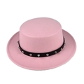 Pink wool felt flat top boater hat featuring a black leather band with silver punk studs - M (56-58cm) / Pink