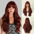 Long wavy burgundy synthetic wig with neat bangs and deep auburn curls for women - 0344-1 Raspberry Red 24-inch