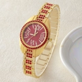 Luxury women's quartz watch featuring a red crystal bezel and golden link chain bracelet - 5-552 Gold Red