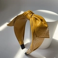 Retro mustard yellow PU leather headband with a bow and natural wrinkled texture - Orange