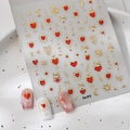 Detailed 3D embossed nail stickers featuring ruby hearts and golden celestial galaxy motifs - Ruby 3D Star Moon Heart (CO-373)