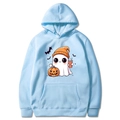 Light blue Halloween hoodie with cartoon ghost and pumpkin print on white background - Light Blue