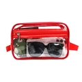 Detail of red-trimmed transparent PVC waist bag showing clear capacity and red adjustable strap - Red