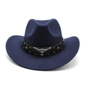 Vintage navy blue felt cowboy hat with leather band and bull head ornament - M (56-58cm) / Navy Blue