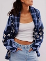 Y2K knit cardigan in deep and light blue jacquard texture with open-front loose design - One Size / Blue
