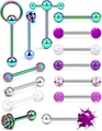 Set of 14 colorful stainless steel tongue rings and labret studs with various tops - Multicolor Set